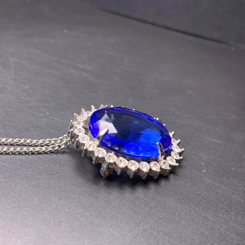 Faux Sapphire Pendant Necklace or Brooch Glass Oval Silver Tone Glam Vintage